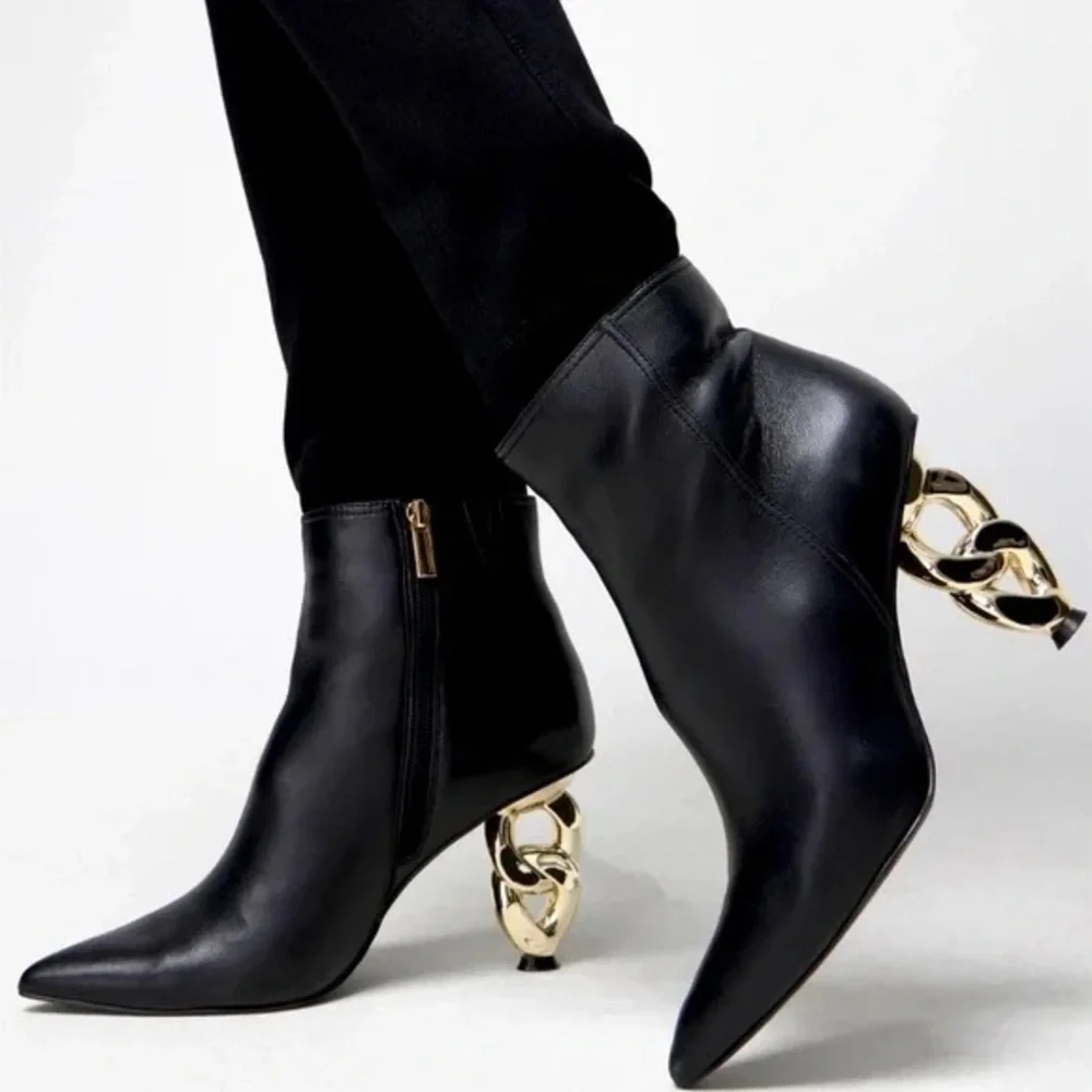 White House Black Market Gold Chain Heel Black Leather Bootie Ankle Boots 8.5